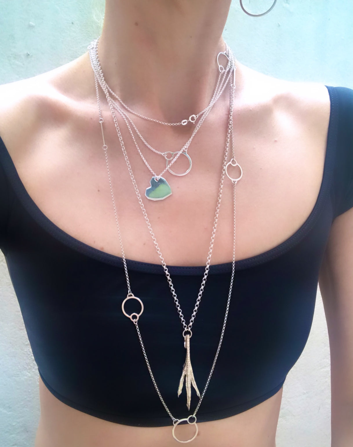 Contemporary designer long necklace with 3 circles from popular Circles collection by David&Martin. The chain is long enough for it to be worn as a two-layered short necklace. Material: 925 silver. Size: the length is 90cm.