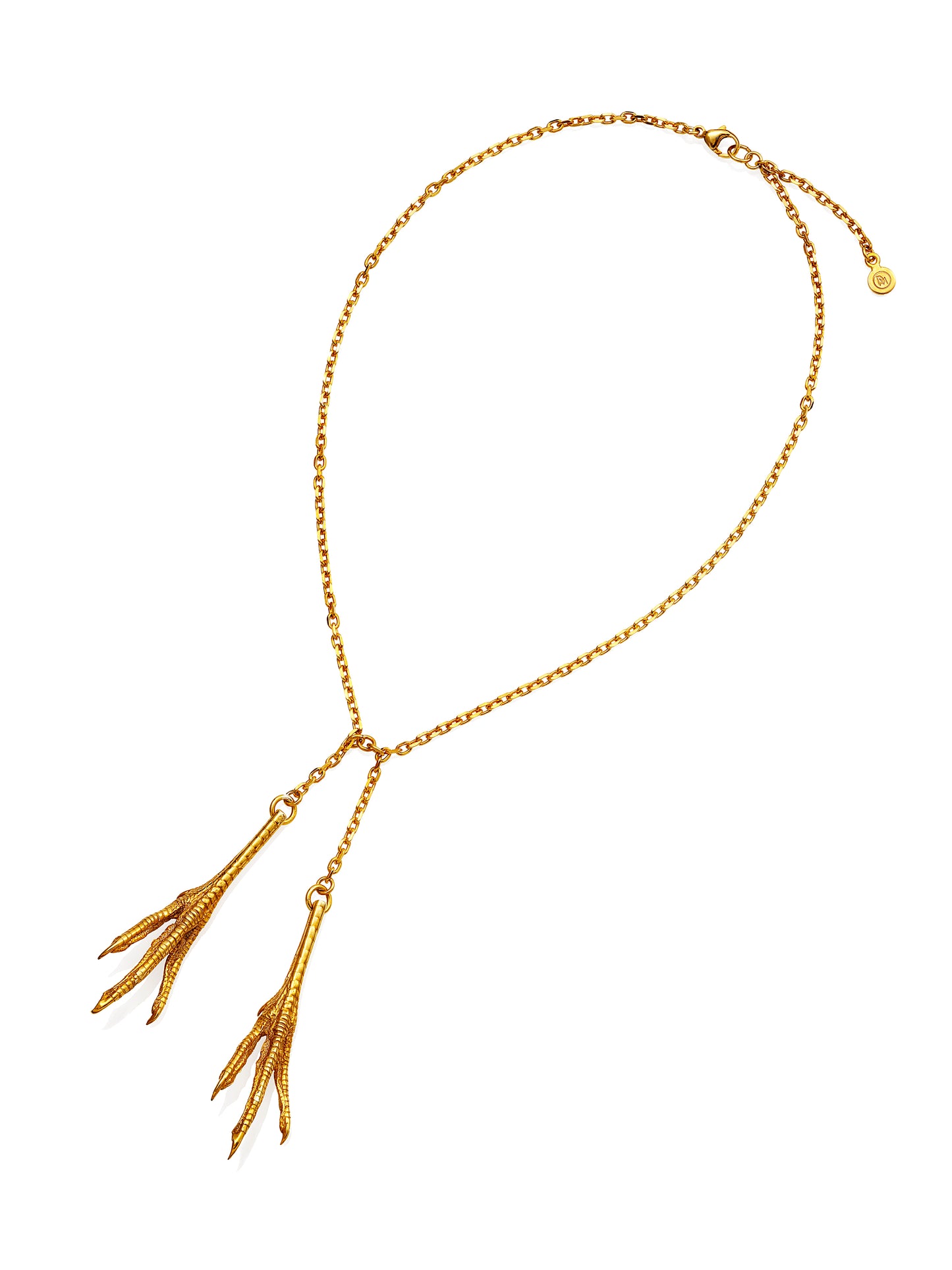 Iconic 18karat gold plated Chicken Feet necklace from David&Martin Jewellery. The collection was inspired by a beautiful girl spotted by the designers in Shanghai underground. The girl was munching fried chicken feet and simultaneously flicking through French Vogue