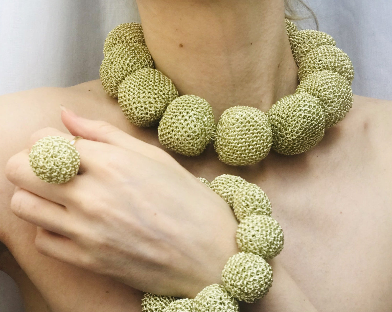 Unique, one of a kind, handcrafted statement Perle D'Oro necklace from Venice collection. The necklace is made of oversized gold-plated wire pearls.  Venice collection is designed in Stockholm, Sweden and inspired by the beauty and traditions of Venetian culture. It brings together the Scandinavian aesthetics and its tendency towards simplicity with the allure and colourful, sophisticated lavishness of Venice. 